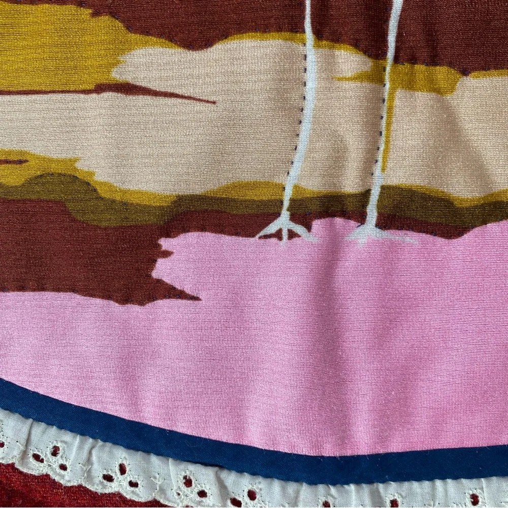 Vtg MCM Handmade Quilt Bedspread Bright Cranes Birds Maroon Wool Floral 58”x82”
